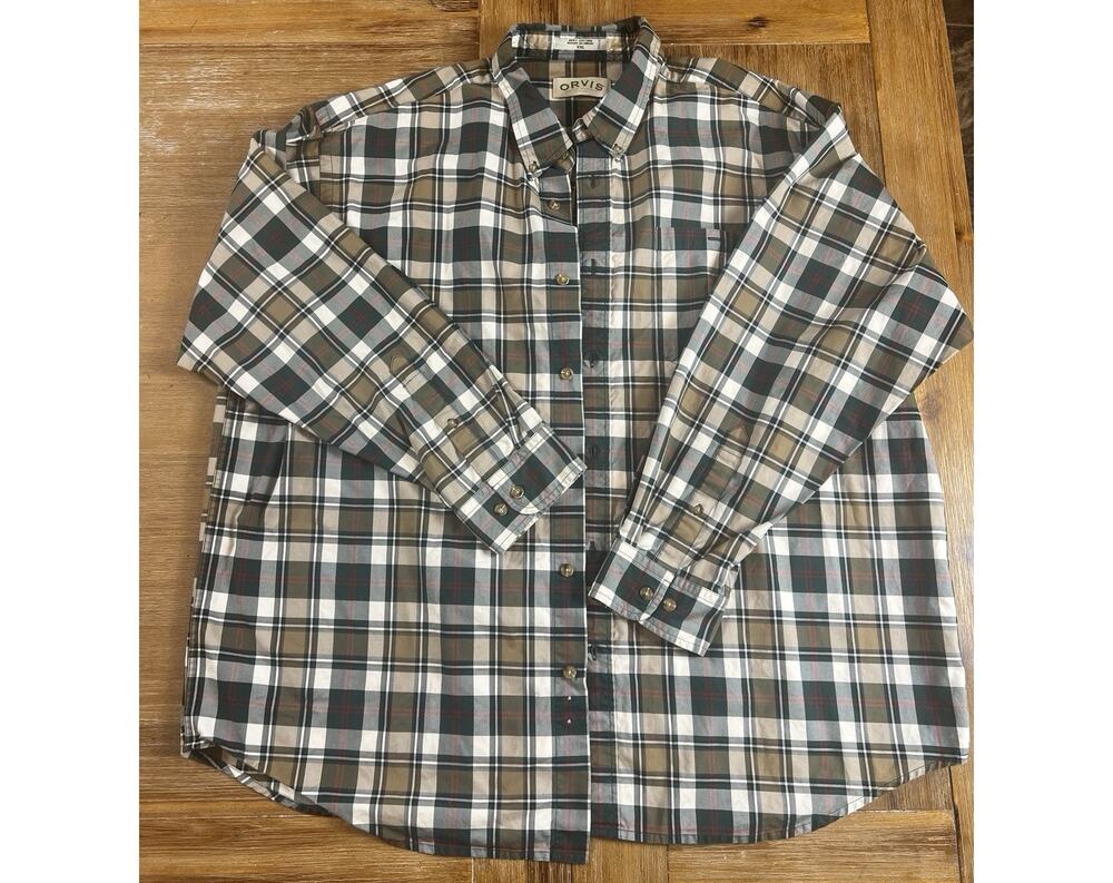 Orvis Men’s XXL Plaid Button Down Shirt 100% Cotton Green Tan Long Sleeve